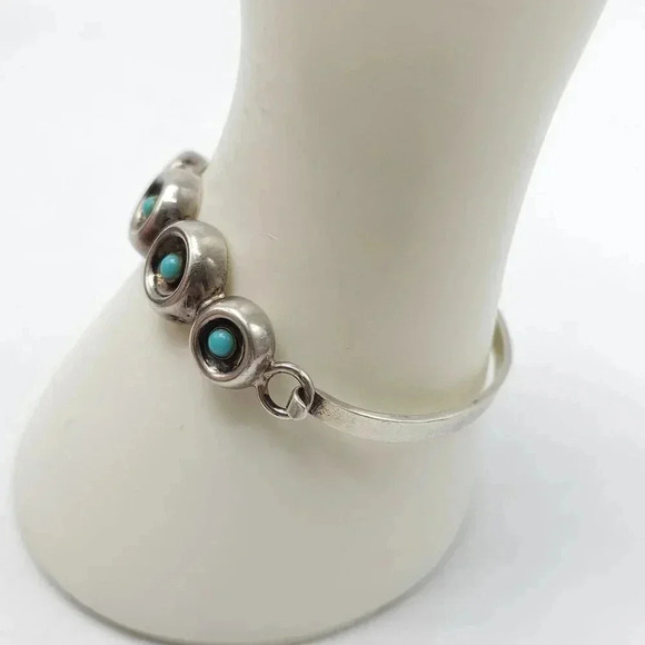 Vintage Sterling Silver Blue Turquoise Circle Eye Bangle Bracelet Mexico - Picture 2 of 8